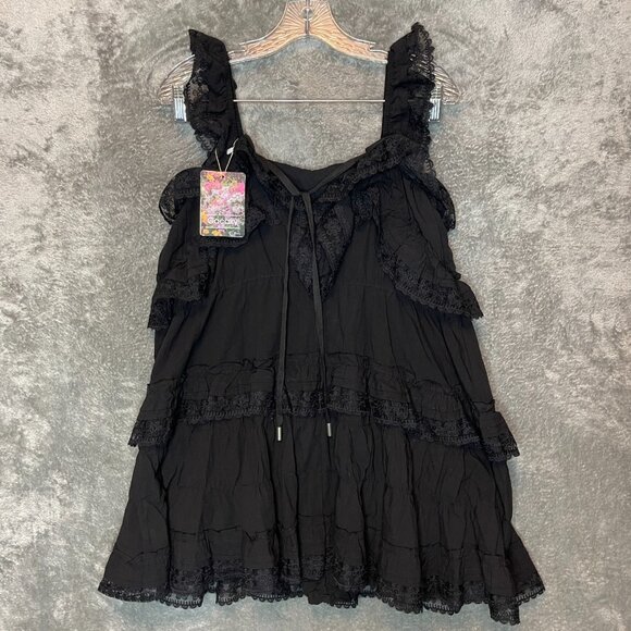 Women Lace Tiered Ruffle Babydoll Gothic Emo Witchy Black Mini Romper Dress M - Picture 2 of 10